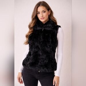 Saks Fifth Avenue BLACK Rabbit Fur Vest S/M Black Luxe Retro Glam Shaggy Chic